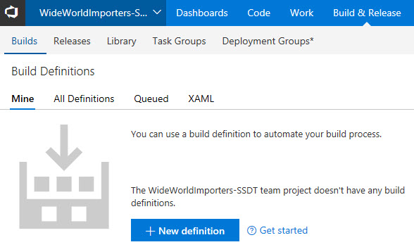 On the Build and Release tab, on the Builds tab, an empty Build Definitions screen displays.